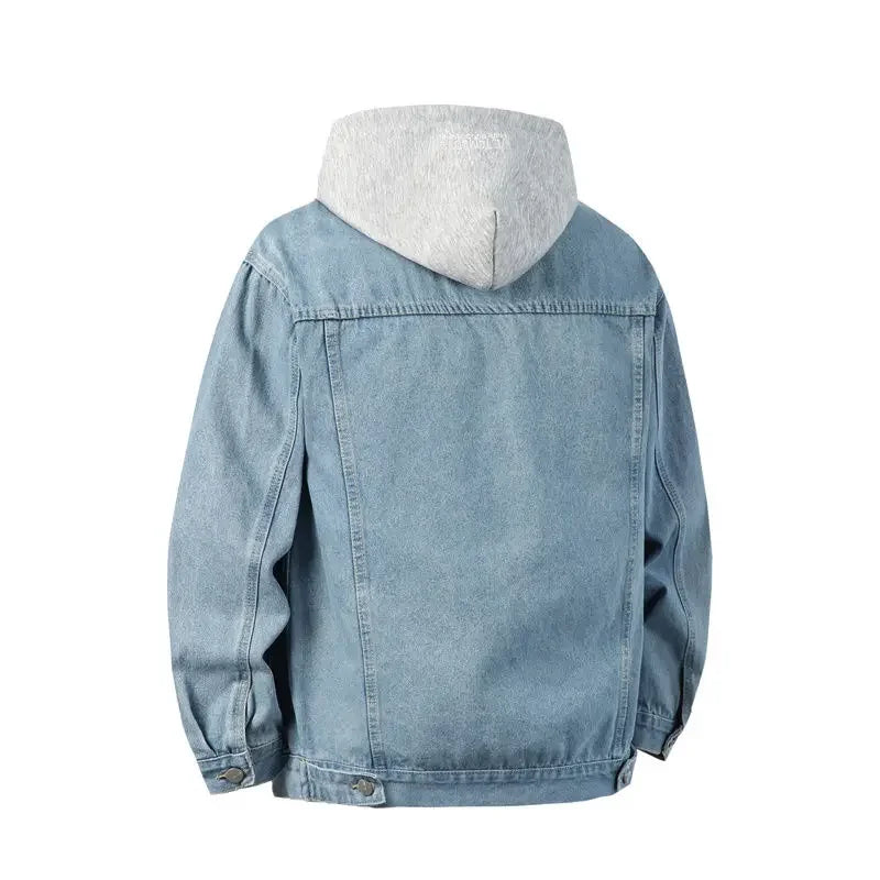 Blue Button closure detail on men's hooded denim jacket
