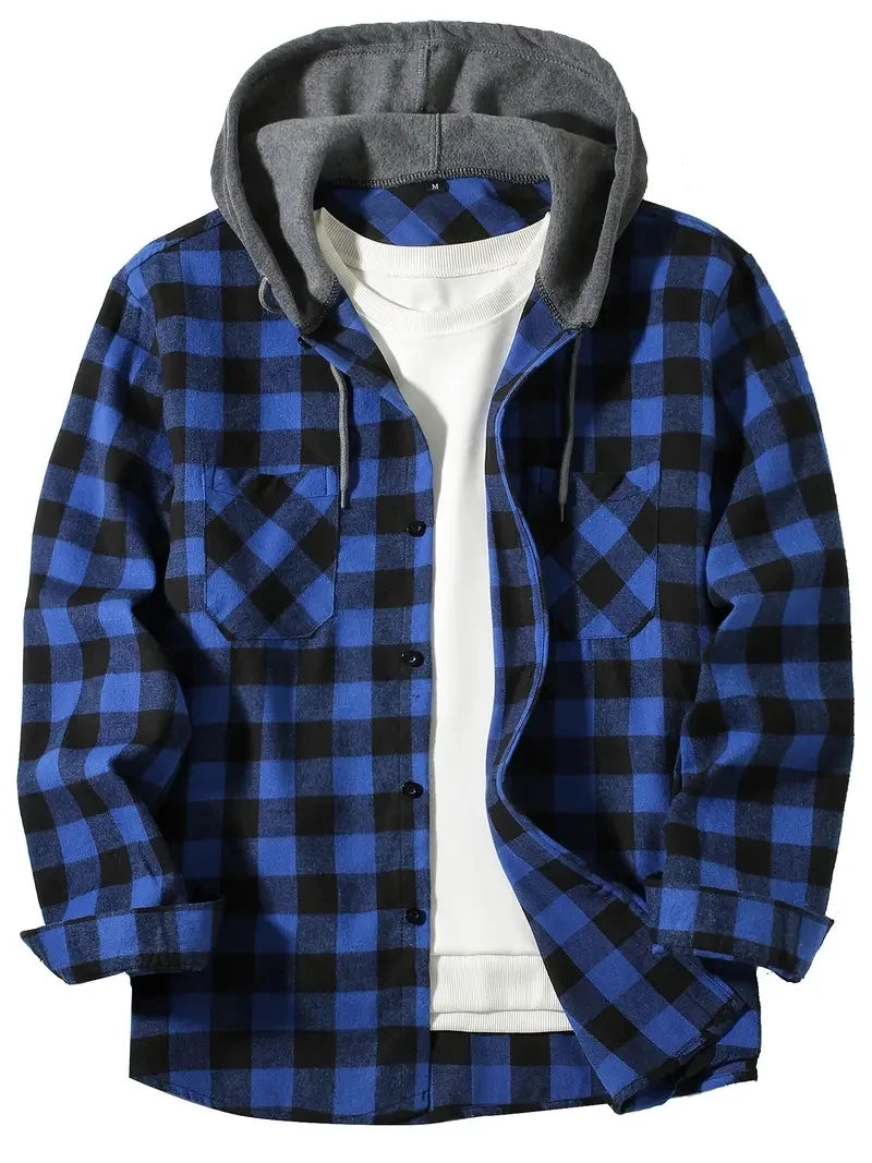 Blue Hooded flannel shirt, front view