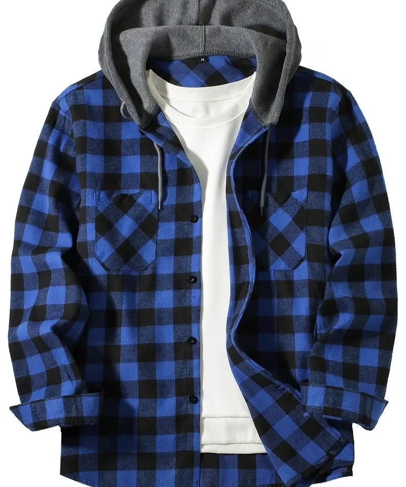 Blue Hooded flannel shirt, front view