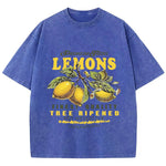 Blue lemon graphic vintage wash tee, flat lay showing loose fit and length