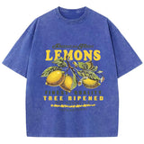 Blue lemon graphic vintage wash tee, flat lay showing loose fit and length