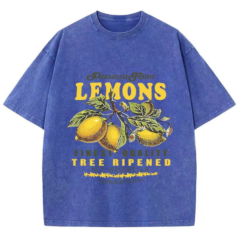 Blue lemon graphic vintage wash tee, flat lay showing loose fit and length