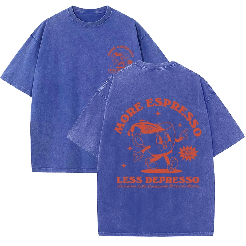 Blue More Espresso Less Depresso oversized graphic tee — side view