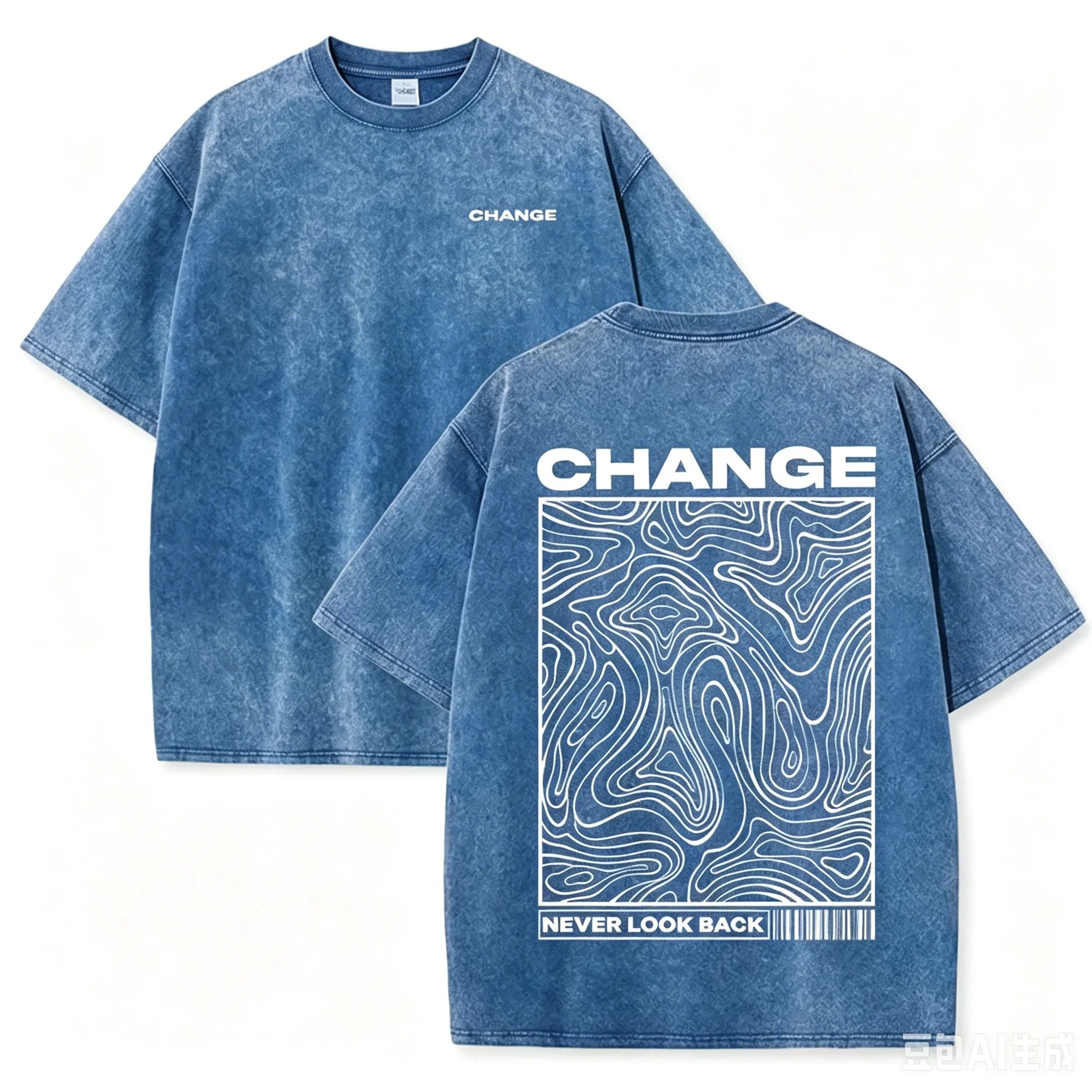 Blue Oversized vintage wash topographic graphic tee — back print view