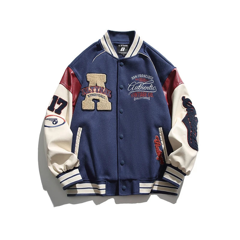 Blue Oversized varsity letterman jacket worn, front view