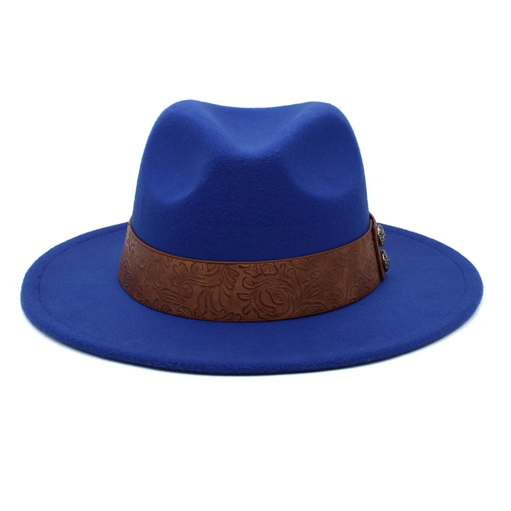 Blue Panama fedora hat front view showing wide brim and tooled leather band with metal studs