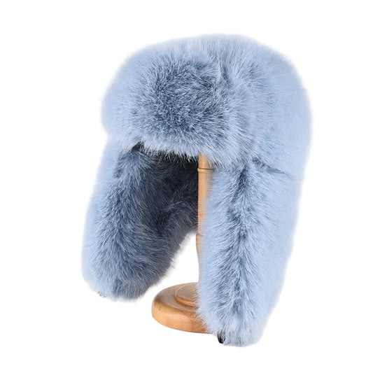 Blue fur hat on a white background with 'Fashion Trend Hat' text.