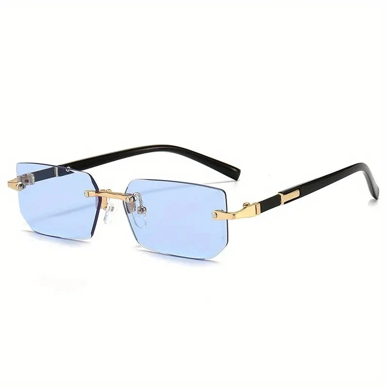 Sunglasses with black and gold frame and blue lenses on a white background