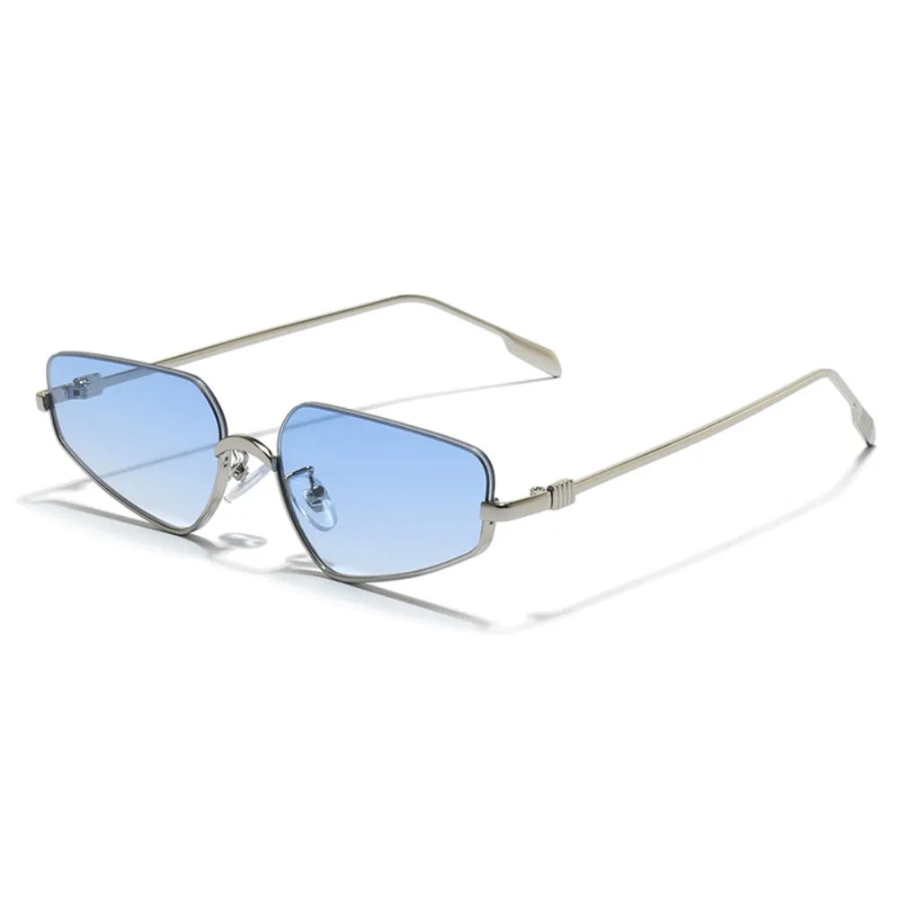 Sunglasses with blue lenses and silver frame on a white background