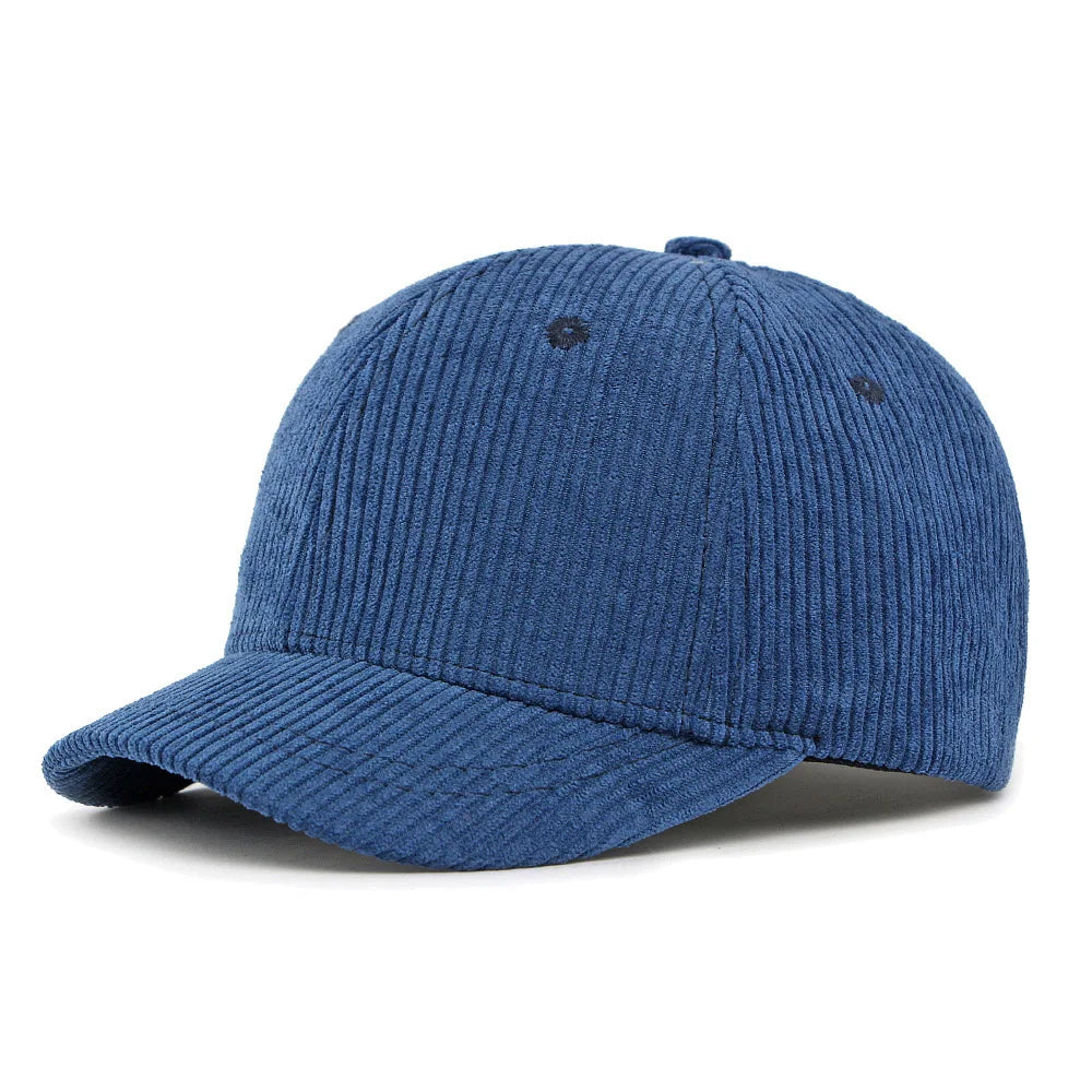 Blue Short brim corduroy cap — back view showing adjustable strap