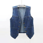 Blue Women's sleeveless denim vest jacket — front view