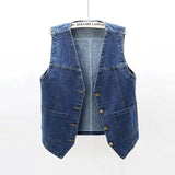 Blue Women's sleeveless denim vest jacket — front view