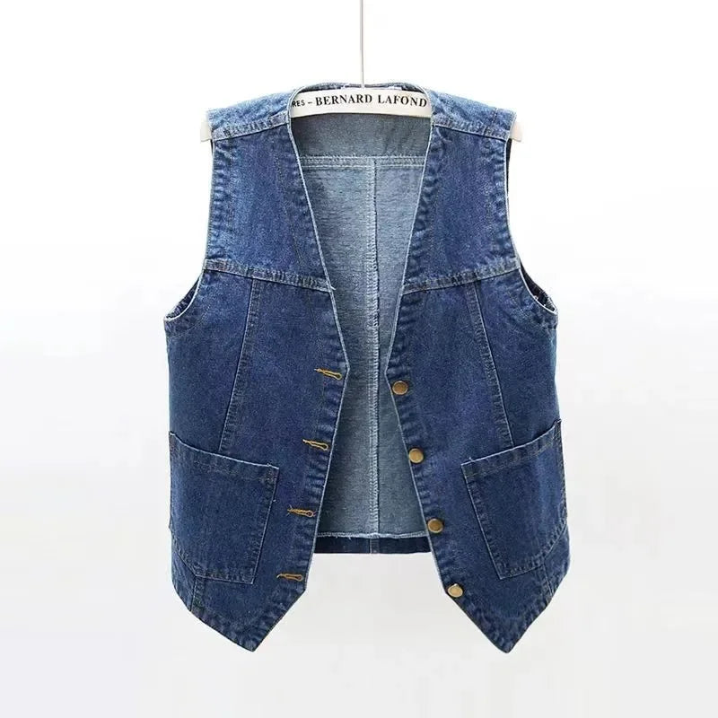 Blue Women's sleeveless denim vest jacket — front view