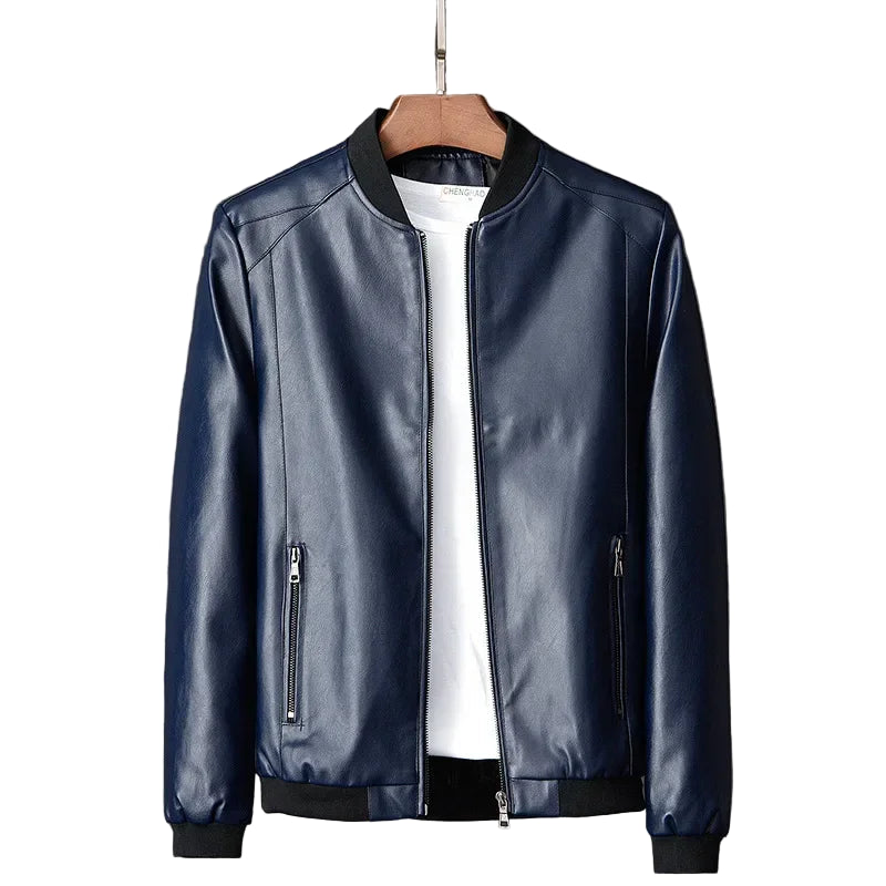 Blue leather jacket on a hanger against a gray background