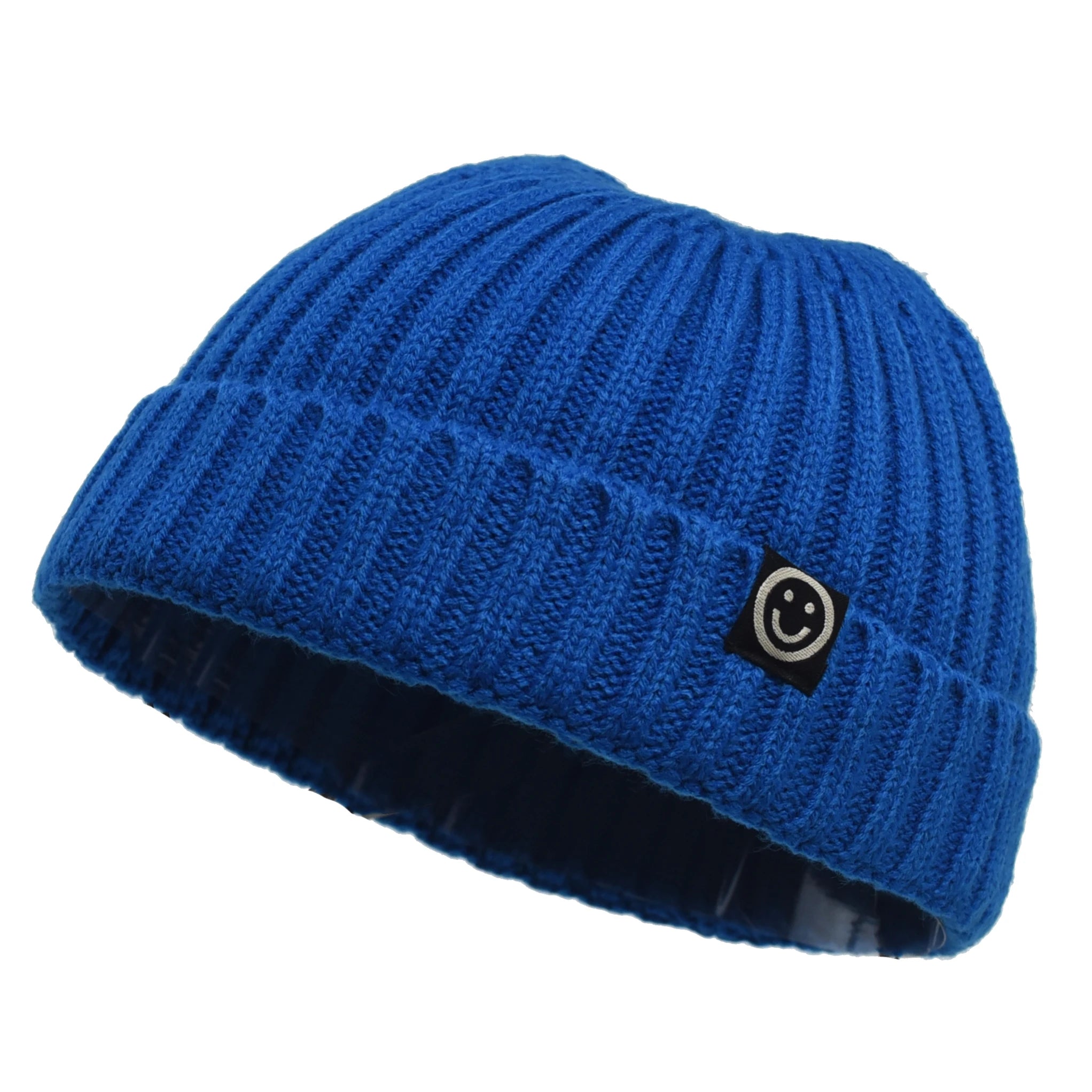 Blue knit beanie with a smiley face logo on a white background