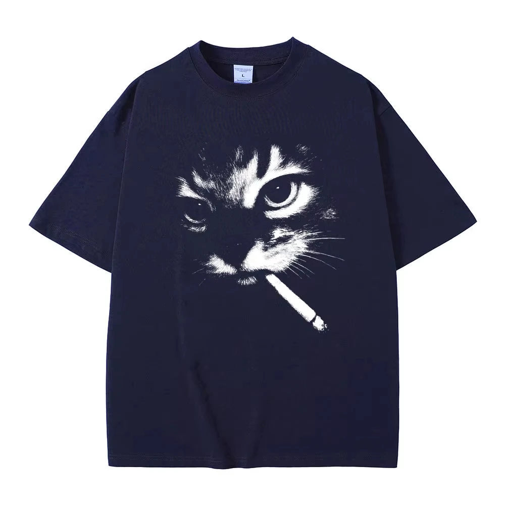 Blue Men's smoking cat graphic tee — side profile view