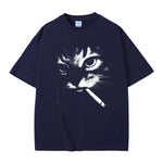 Blue Men's smoking cat graphic tee — side profile view