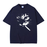 Blue Men's smoking cat graphic tee — side profile view