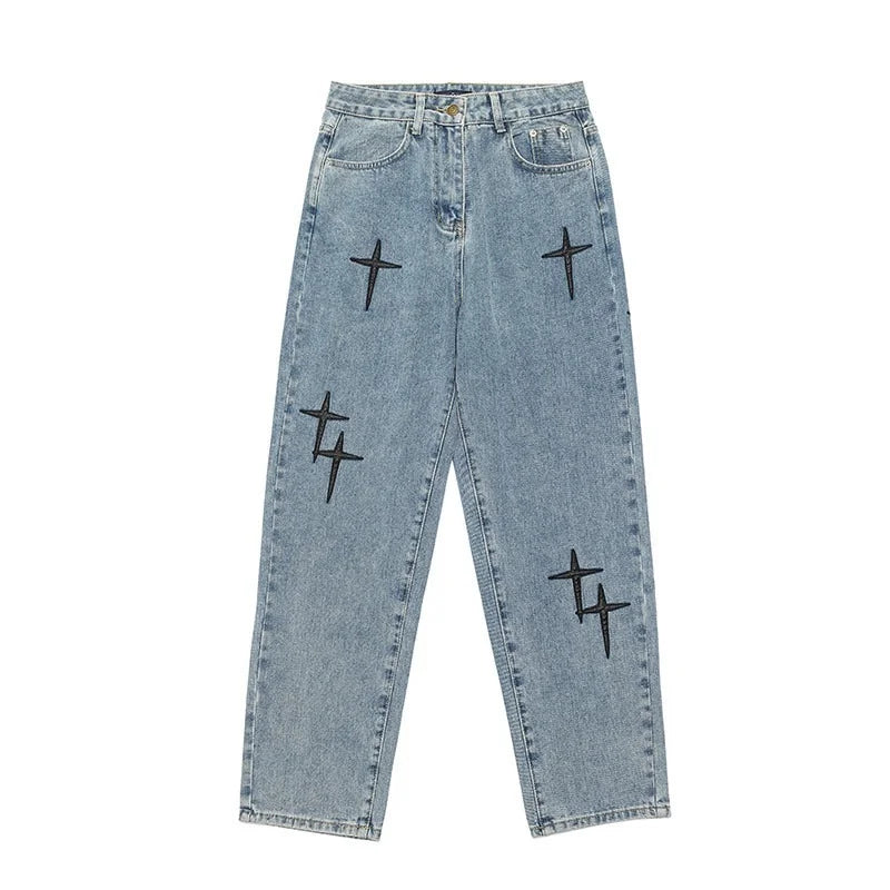 Blue Star graphic baggy wide-leg jeans, waist and closure detail