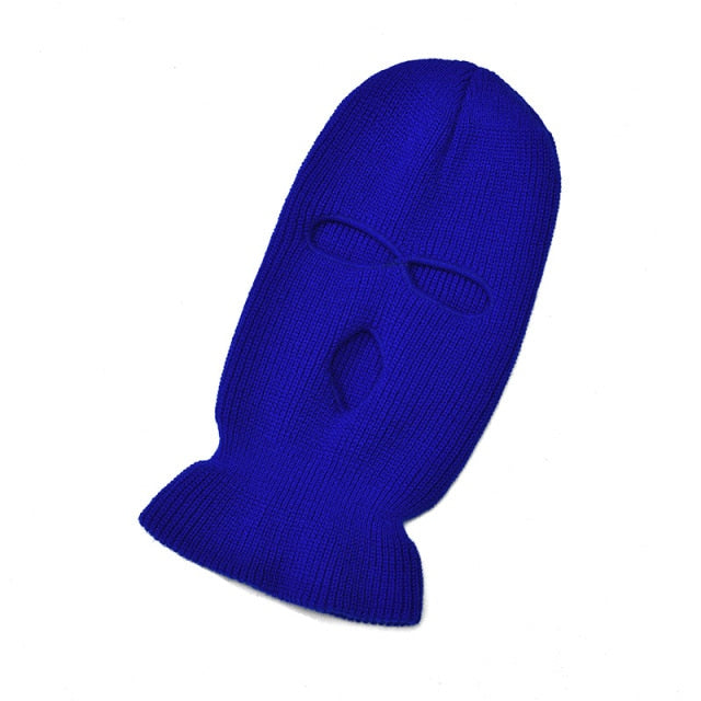 Blue Full face mask flat lay showing angled view of knit balaclava