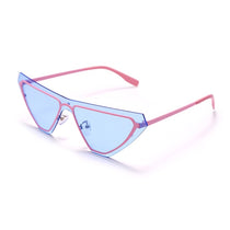 Blue Triangle steampunk sunglasses shown at an angle highlighting tinted lens and thin metal arms