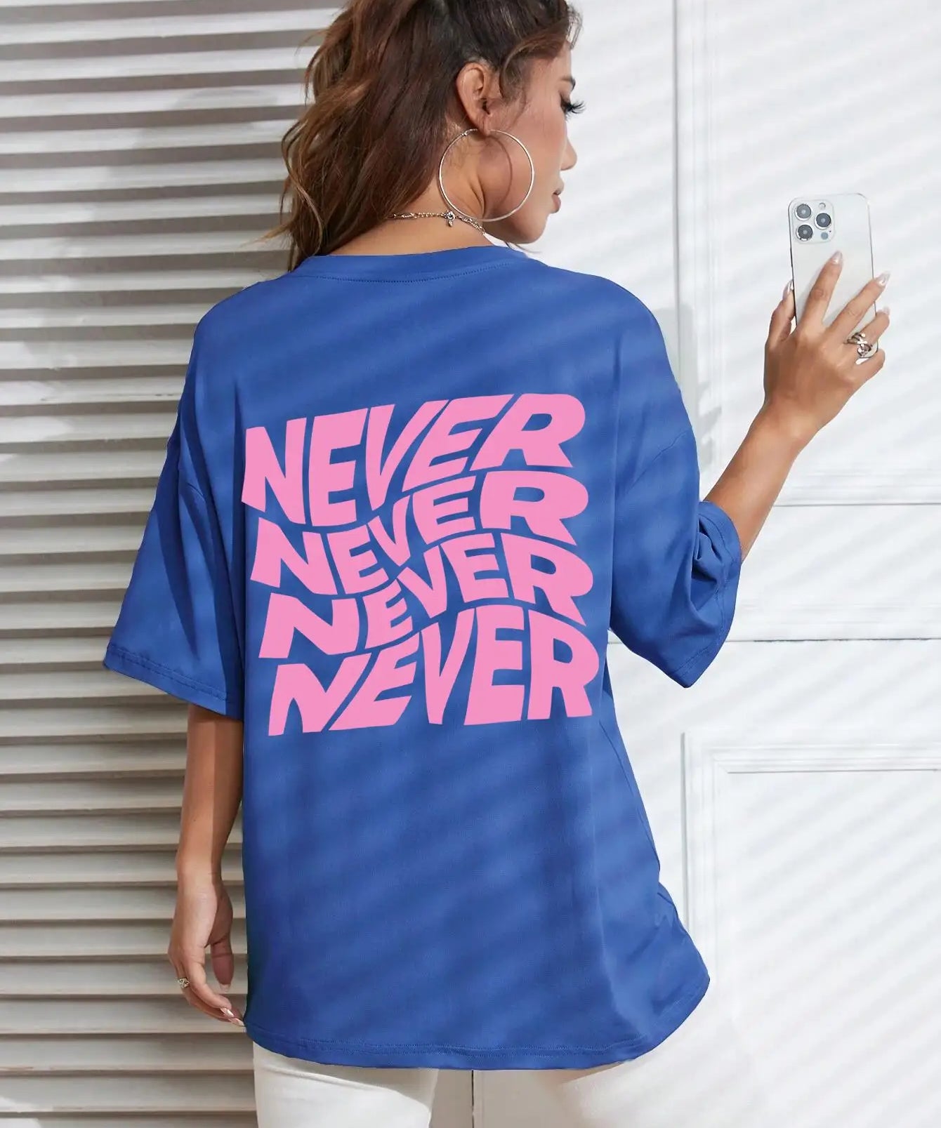 Blue Wavy letter print oversized graphic tee — lifestyle shot 8