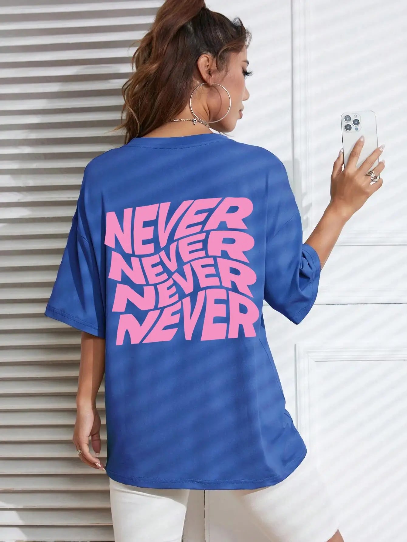 Blue Wavy letter print oversized graphic tee — lifestyle shot 8