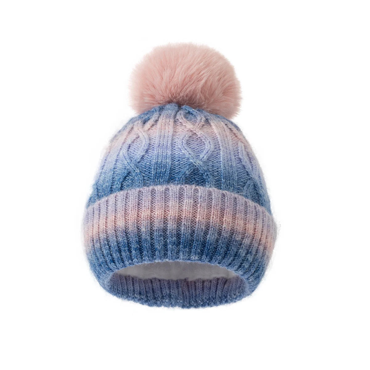 Blue knit beanie with pink pom-pom on a white background
