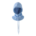 Light blue knitted balaclava on a white background