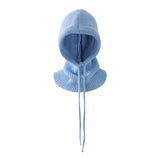 Light blue knitted balaclava on a white background