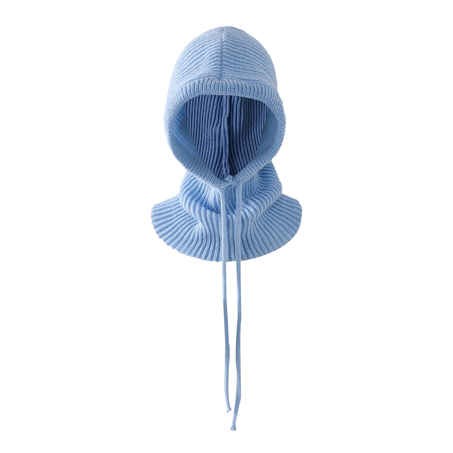 Light blue knitted balaclava on a white background