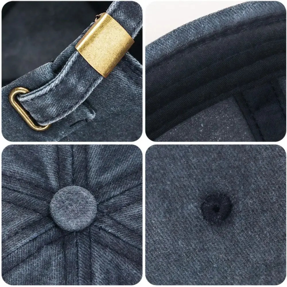 Collage of close-up details of a blue fabric with gold buckle, button, and texture.