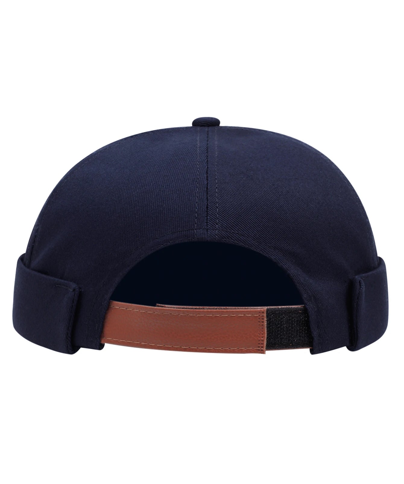 Brimless skullcap with letter patch detail, side profile view