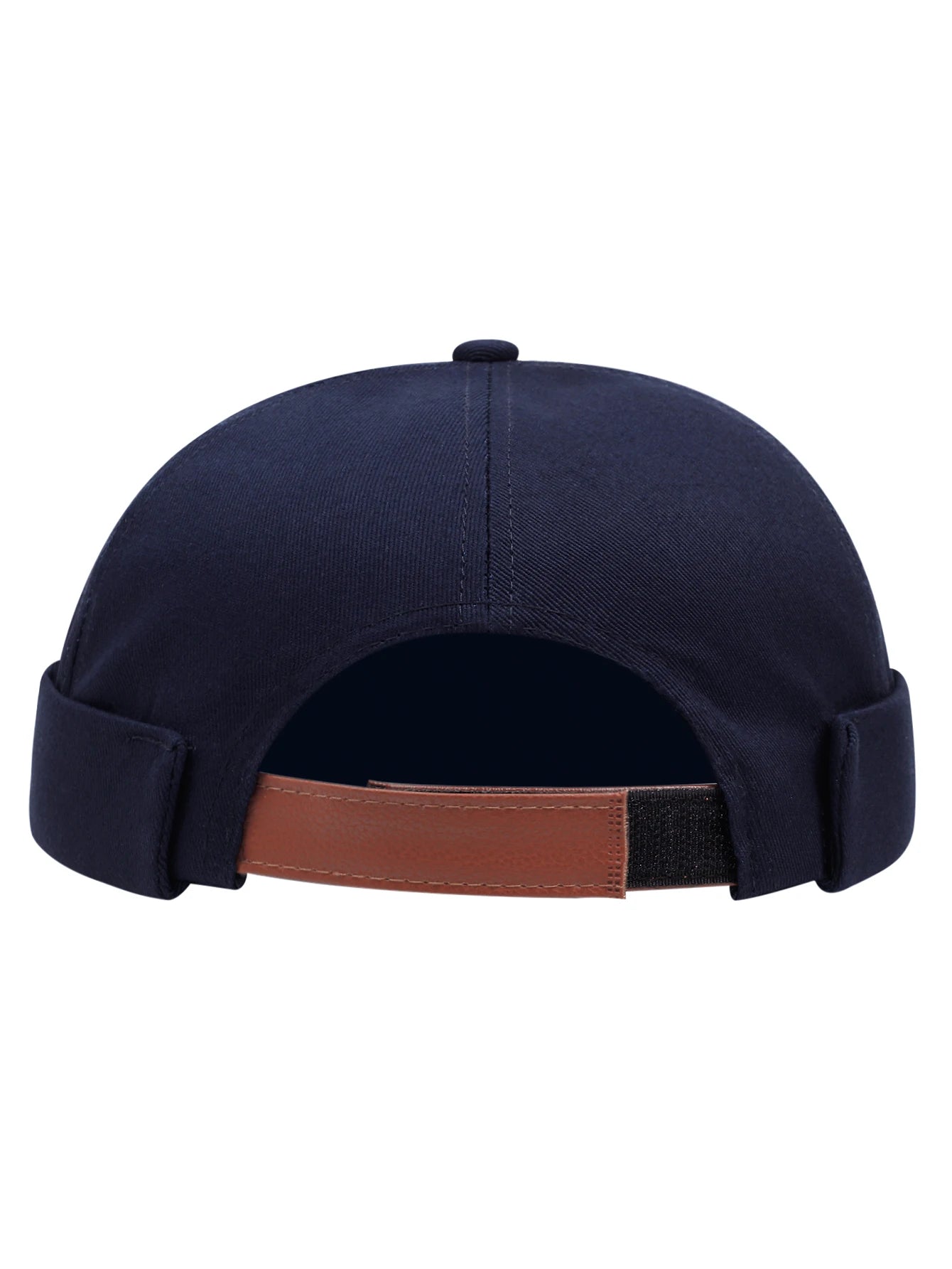 Brimless skullcap with letter patch detail, side profile view
