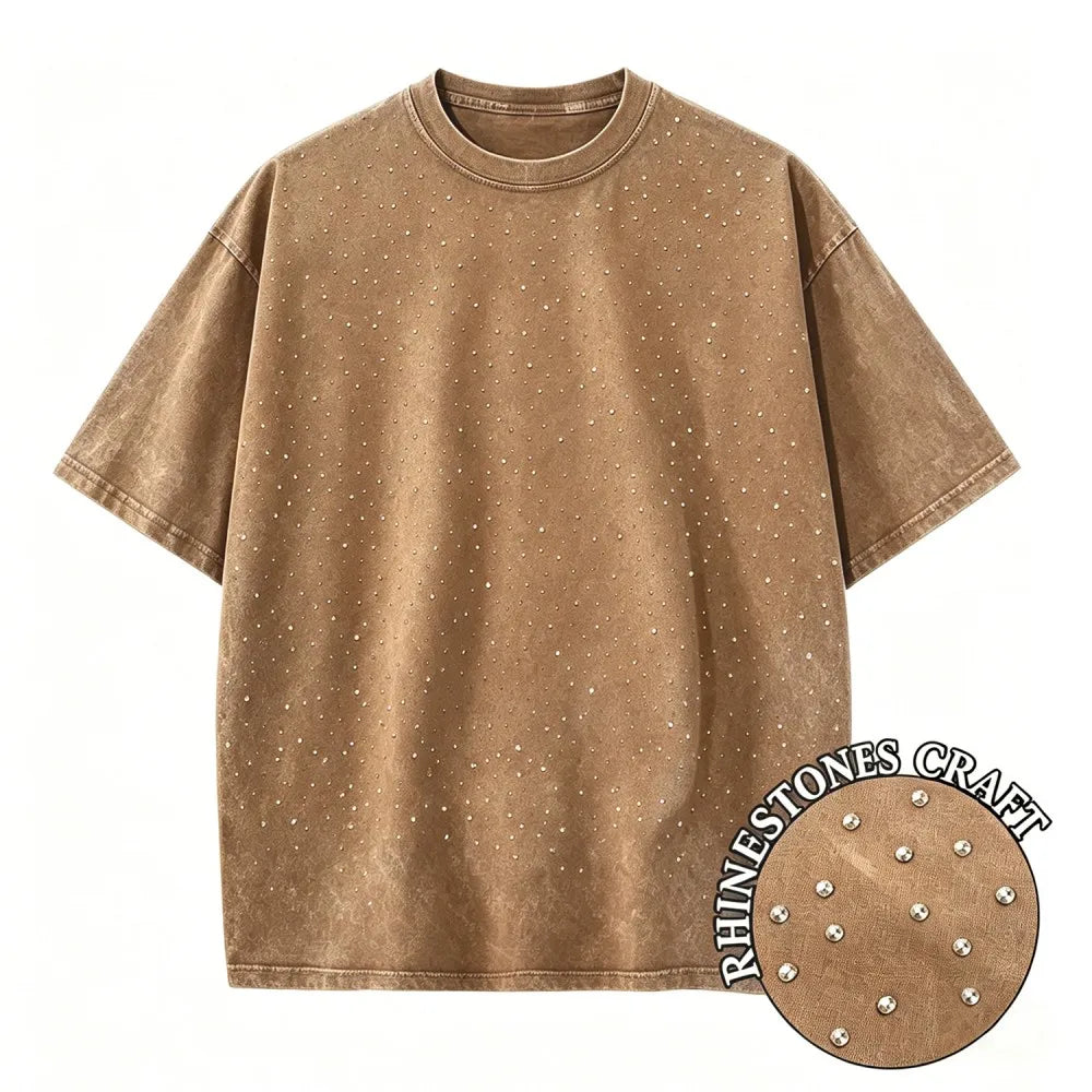 Brown 1 Rhinestone vintage wash oversized distressed tee — styled view 2