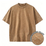 Brown 1 Rhinestone vintage wash oversized distressed tee — styled view 2
