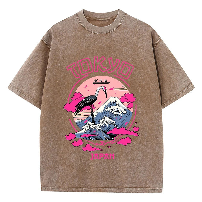 Brown Full-length view of women's oversized acid wash graphic tee showing length