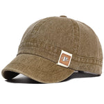 Brown Acid wash short brim baseball cap — overhead view