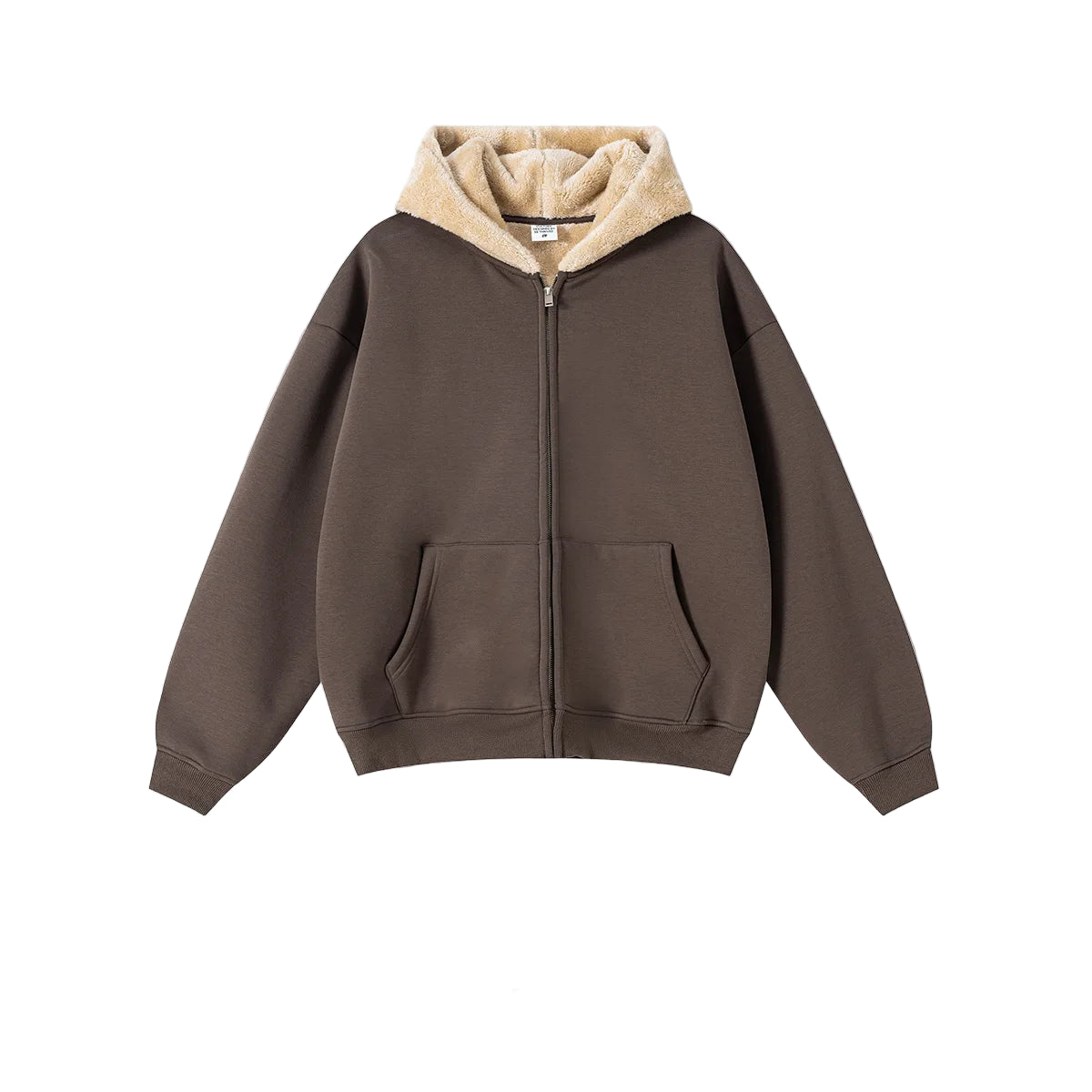 Brown hoodie with beige hood on a light gray background