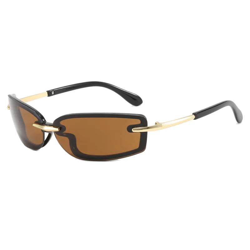 Sunglasses with black and gold frame and brown lenses on a white background