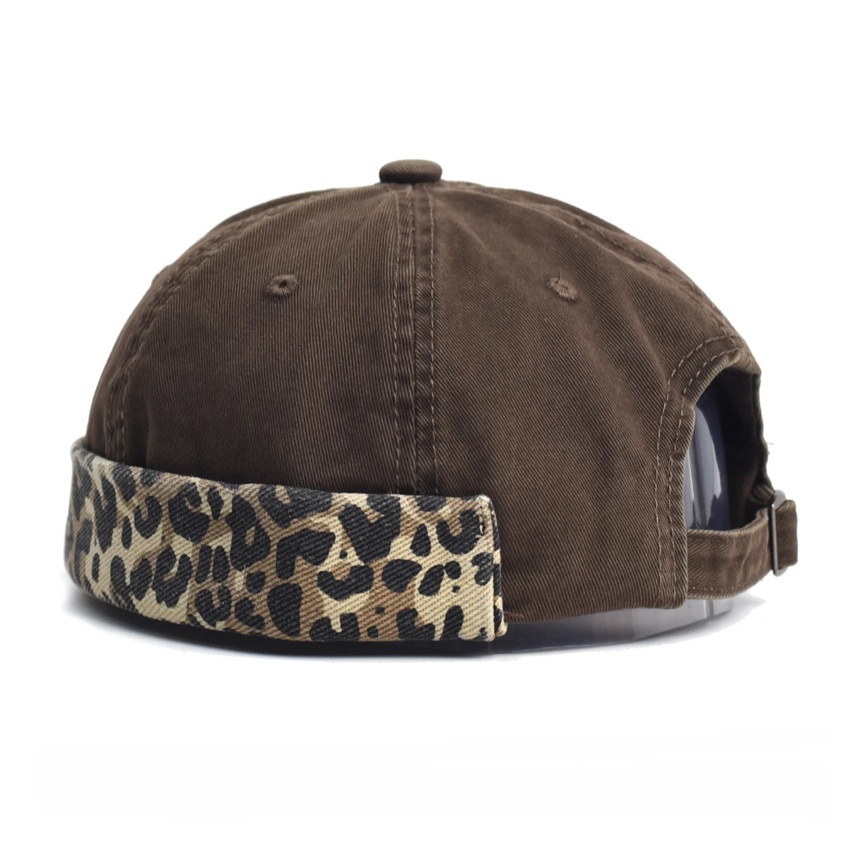 Brown cap with leopard print band on a white background