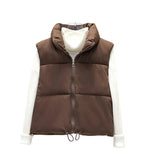 Brown Cropped quilted puffer vest worn — front view