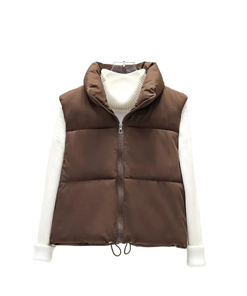 Brown Cropped quilted puffer vest worn — front view