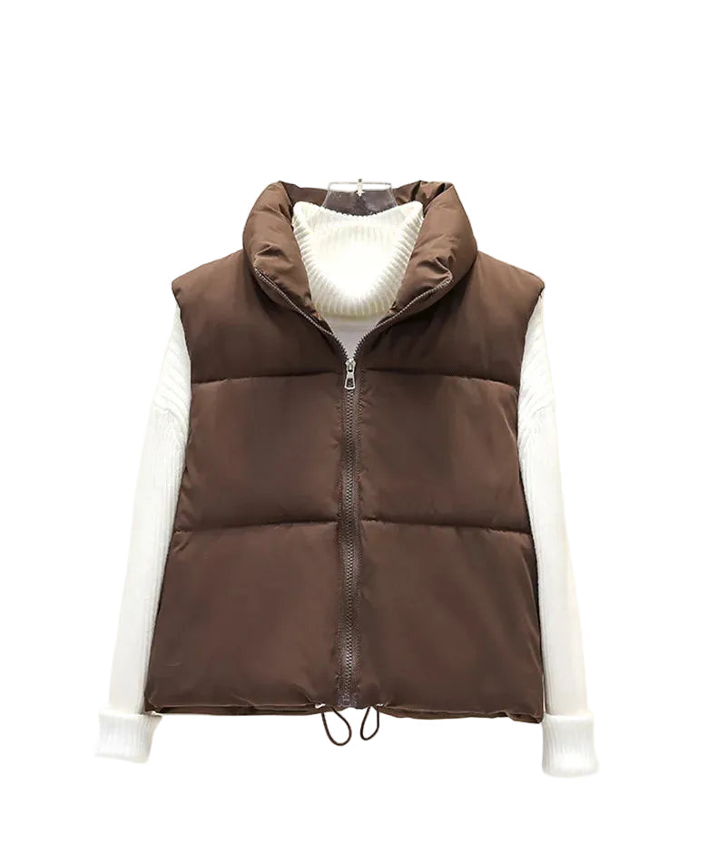 Brown Cropped quilted puffer vest worn — front view