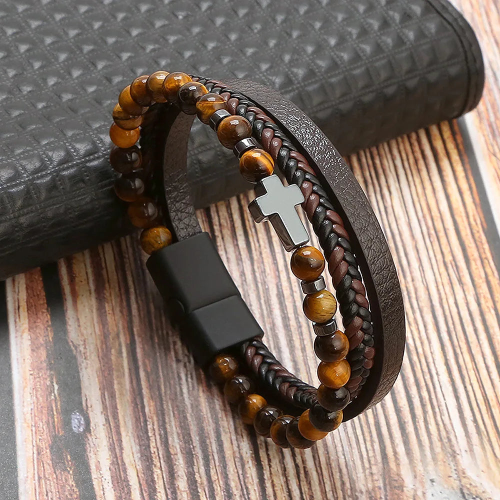 Brown Cross Beaded leather layered bracelet, texture detail