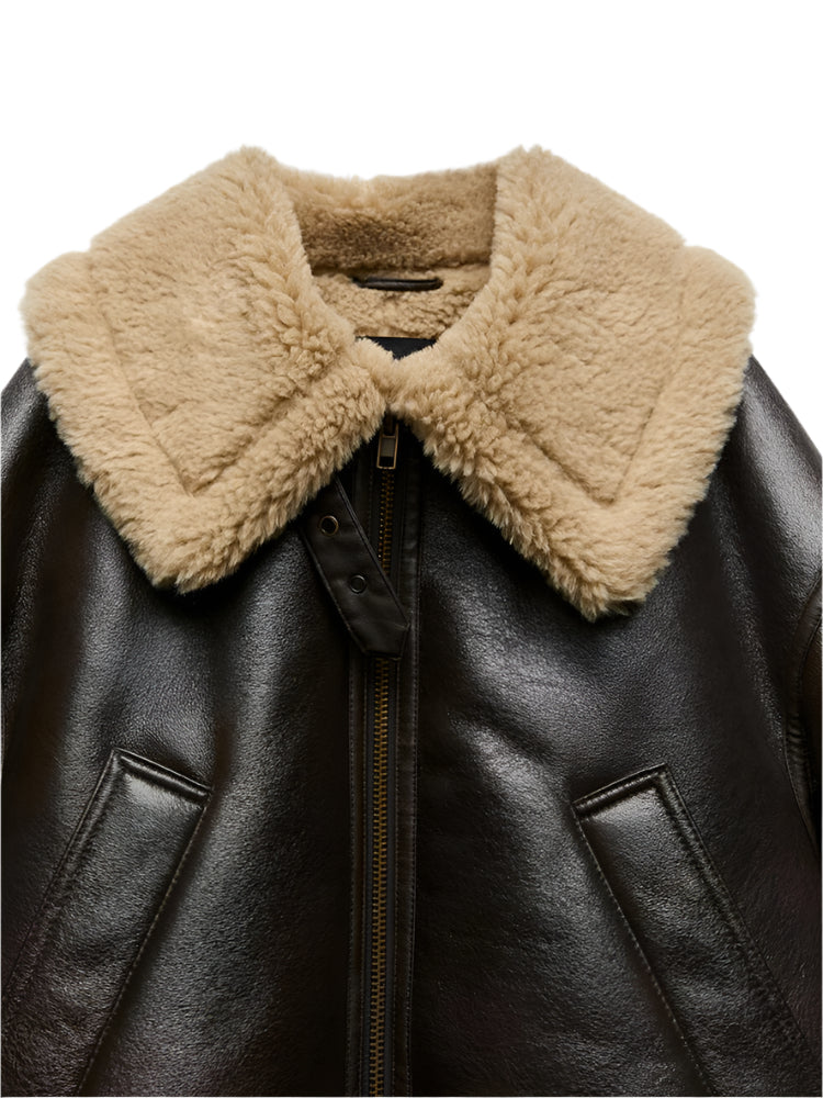 Women's Shearling Aviator Jacket - Brown Faux Leather