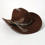 Brown Feather Distressed wide-brim cowboy hat with laced stitching and jute twine tie detail
