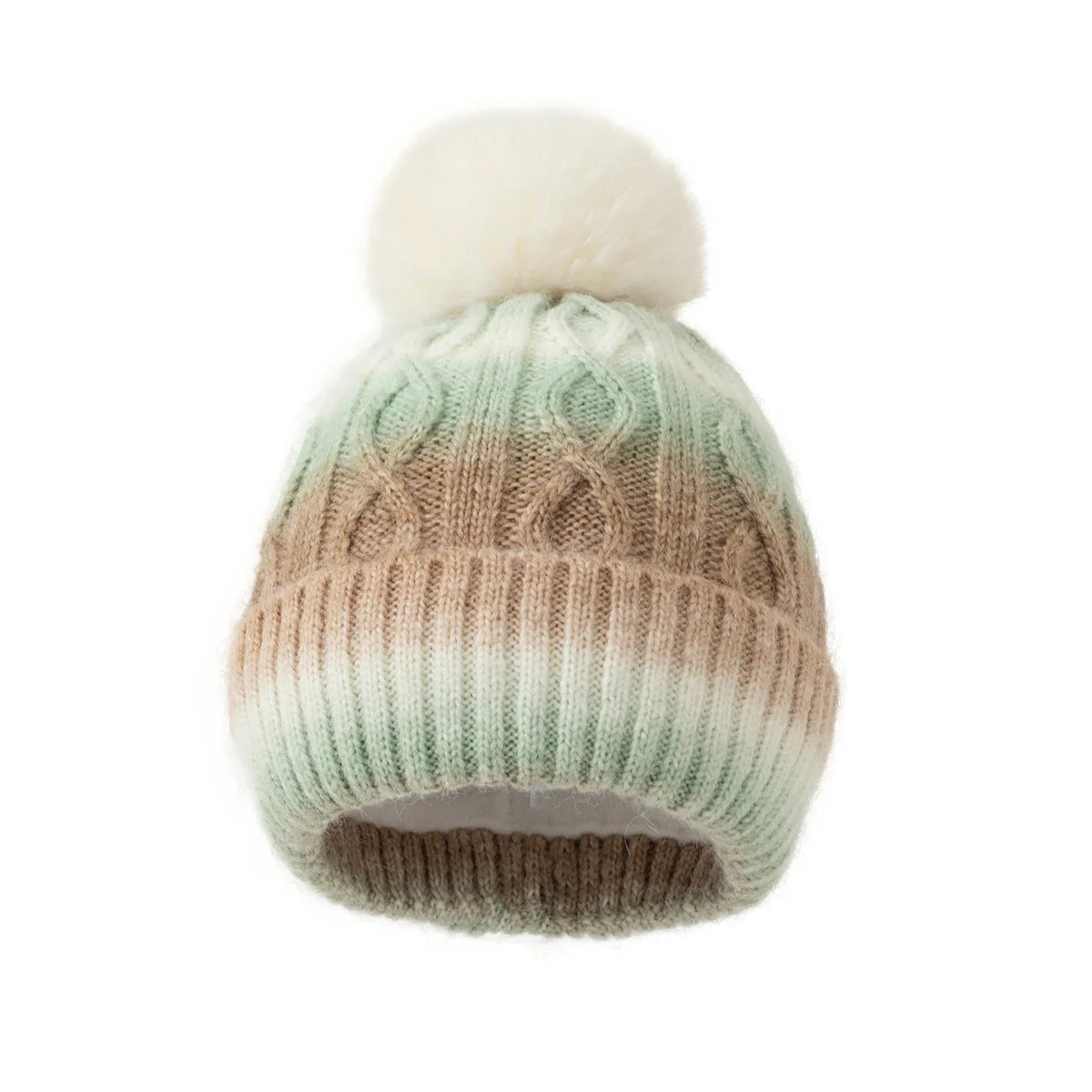 Knitted beanie with a gradient color pattern and white pom-pom on a white background