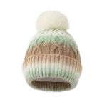 Knitted beanie with a gradient color pattern and white pom-pom on a white background