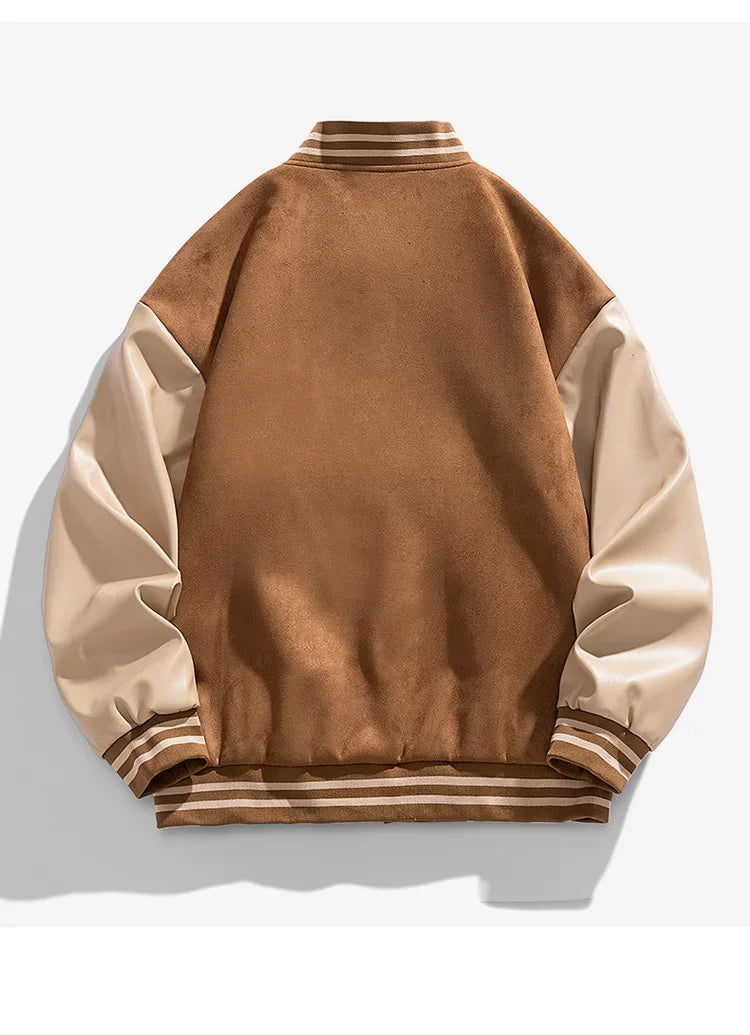 Brown and beige varsity jacket on a white background